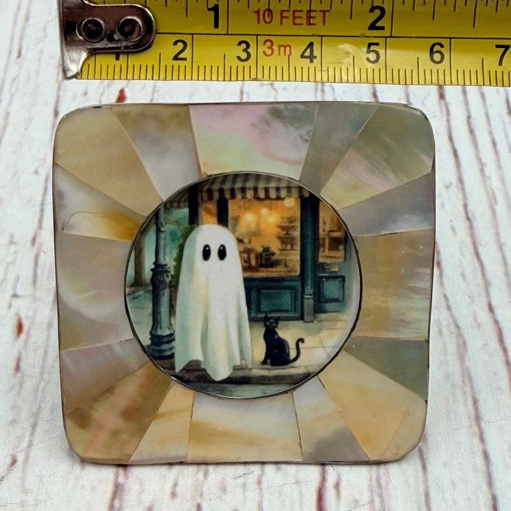 Vintage Mother of Pearl Mini Frame Ghost and Black Cat Decoupage Art Print 2.5in